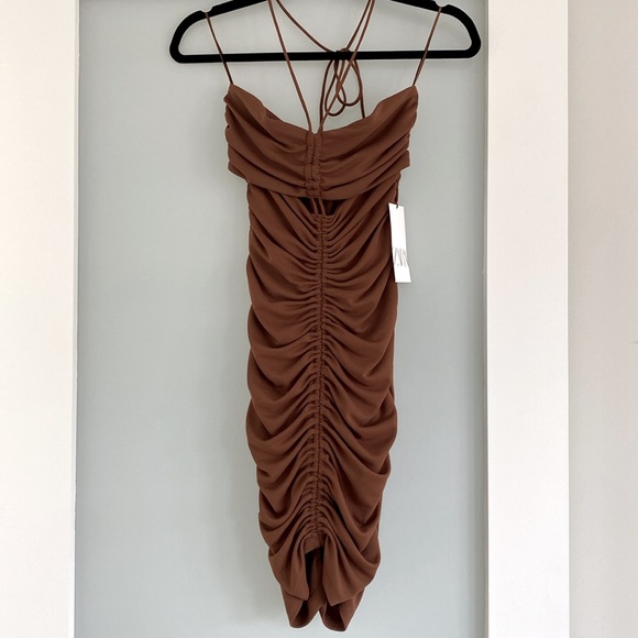 NWT Zara Ruched Halter Mini Dress Brown (S) - Picture 5 of 5